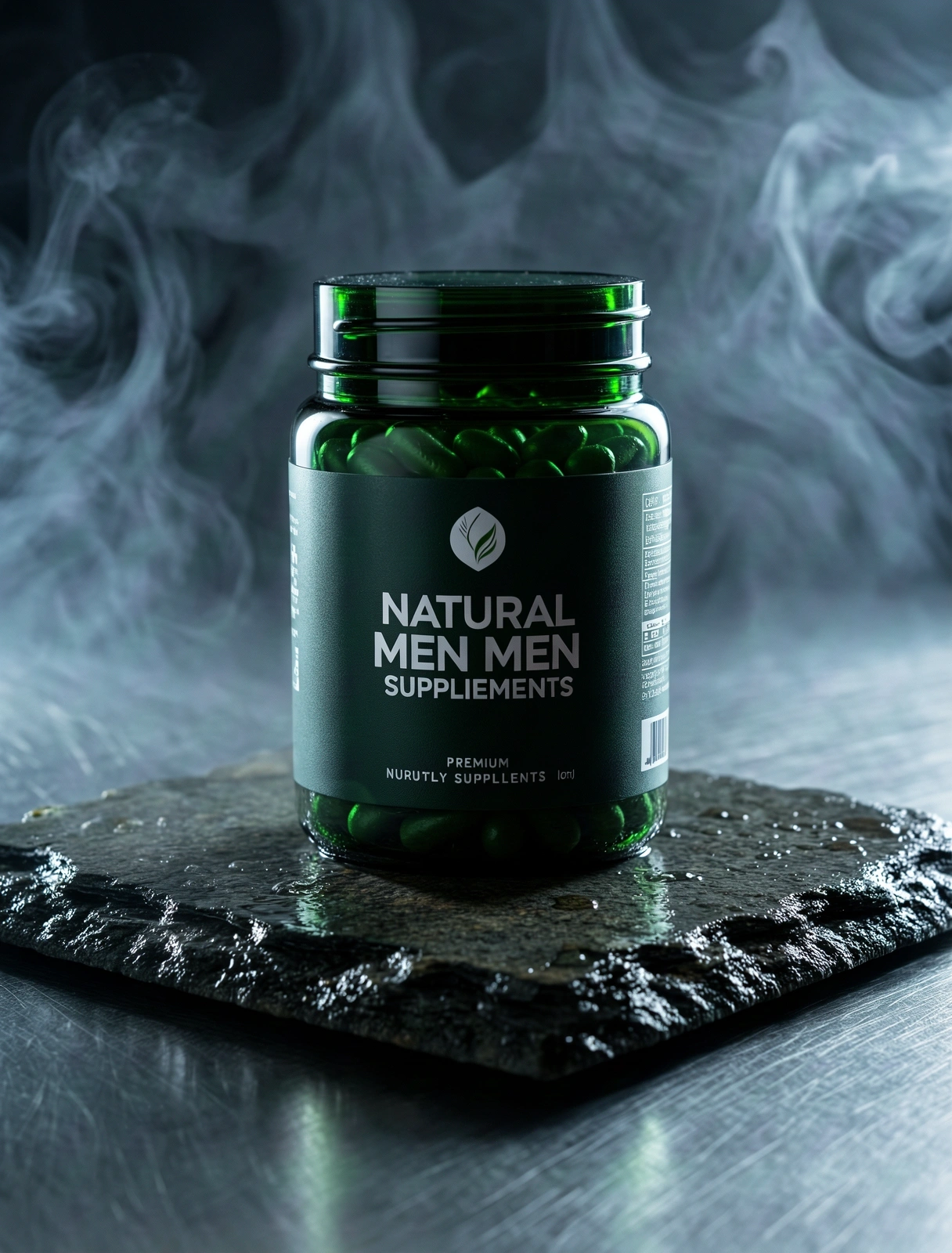 Premium dark green glass supplement container resting on natural stone